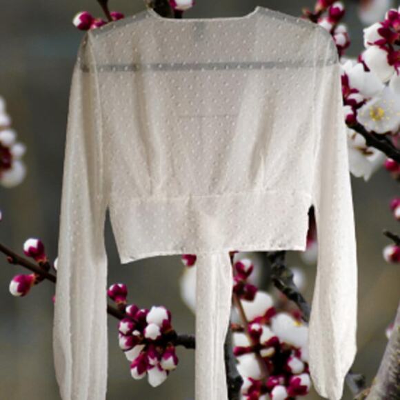 Windsor small open tie back white long sleeve polyester woman's crop top. - Picture 1 of 1